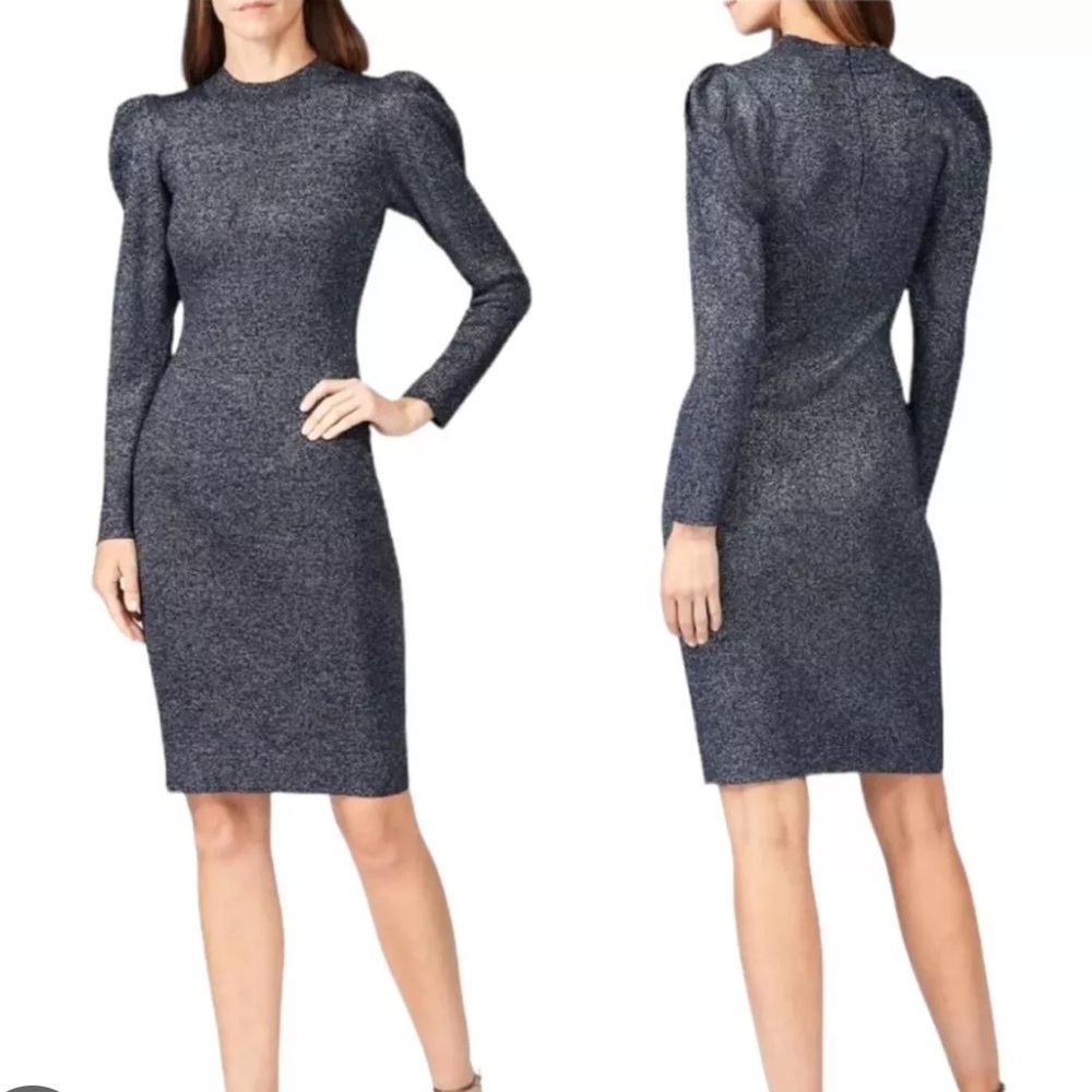 Sachin & Babi Dress Womens Small Navy Blue Metallic Knit Puff Sleeve Amelie Mini